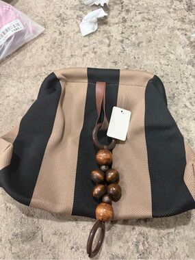Striped Canvas Clutch with Wooden Bead Accent